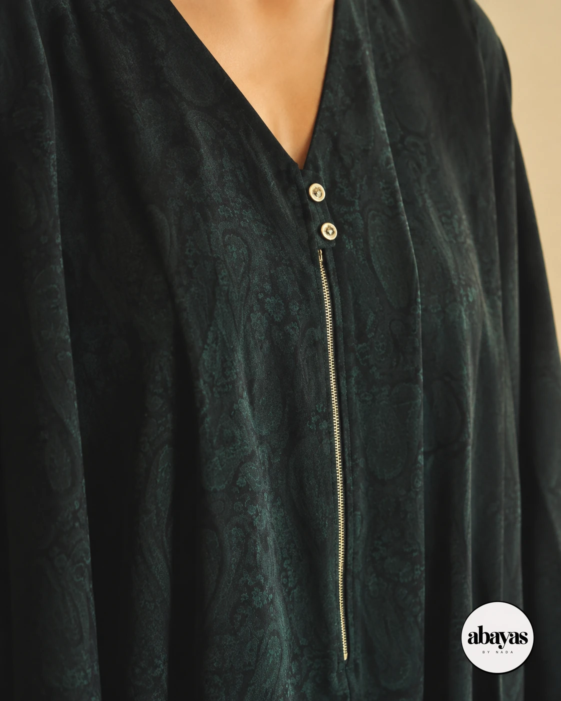 Close detail of the Cypress Print Abaya neckline and front fastening