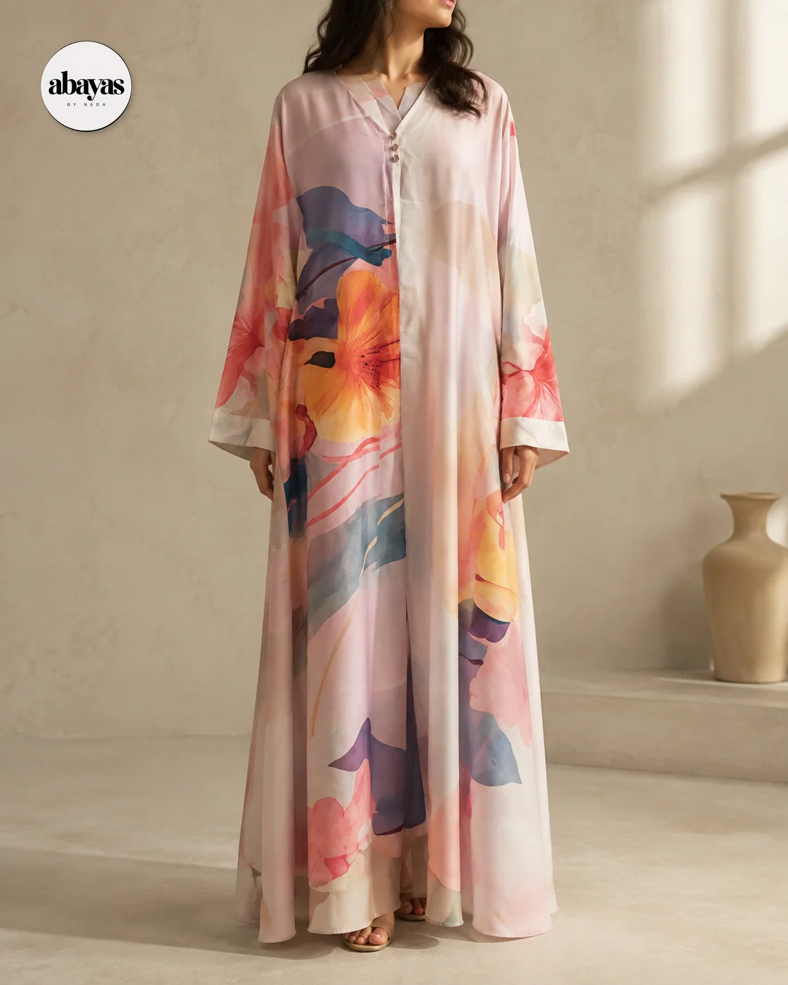 Front view of the Petal Print Abaya with coral and peach flowers