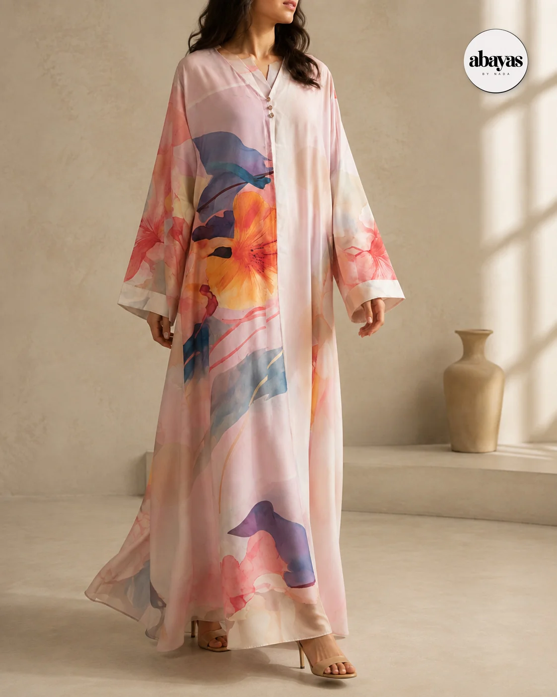 Three-quarter walking view of the Petal Print Abaya