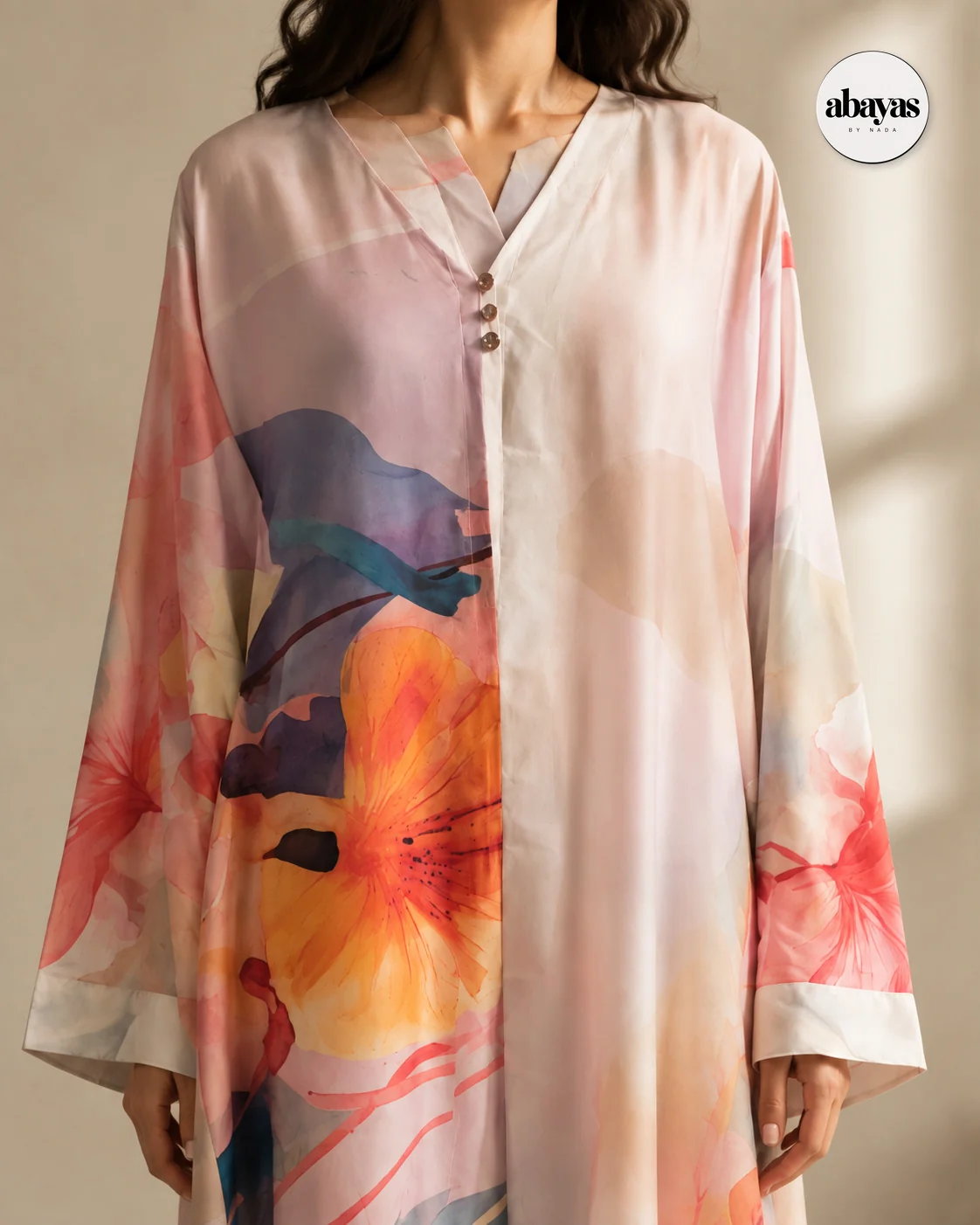 Petal Print Abaya neckline and button detail
