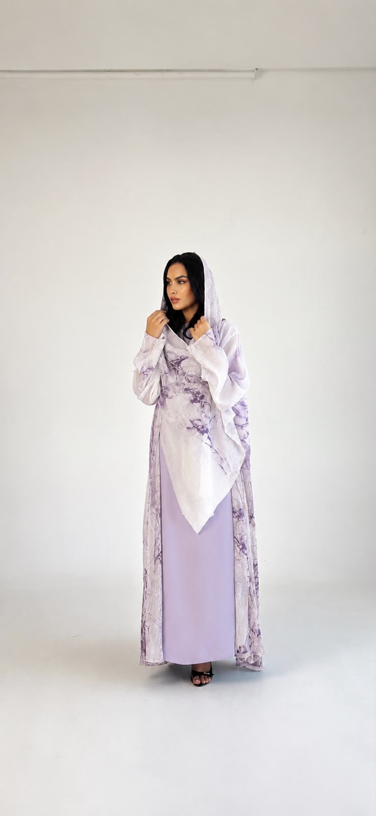 Lilac Ink Abaya from a second studio angle