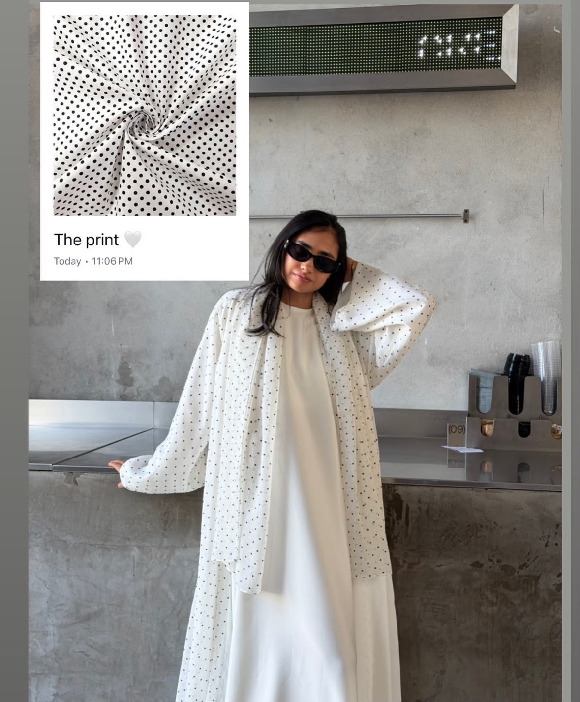 White Monochrome Dot Abaya with a fabric detail inset