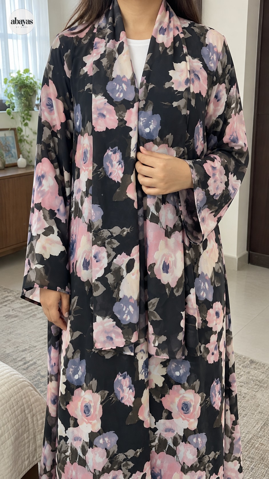 Night Bloom Floral Abaya front and collar detail