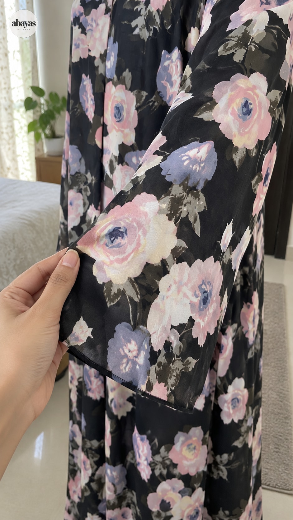 Night Bloom Floral Abaya sleeve and floral fabric close-up