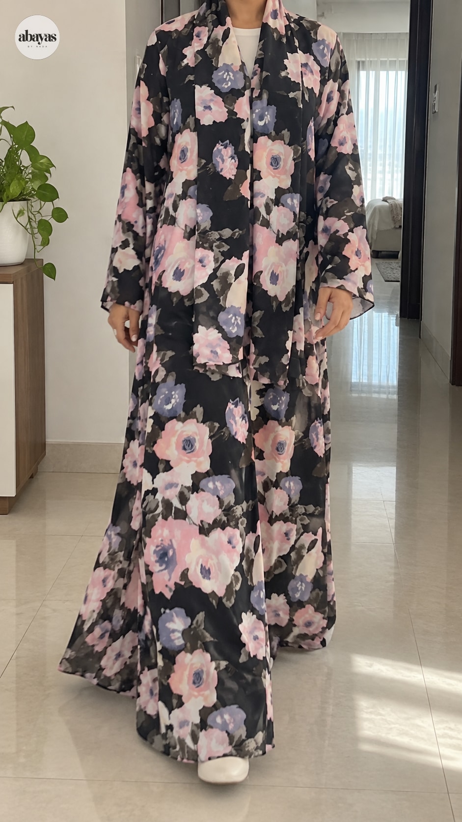 Night Bloom Floral Abaya shown while walking