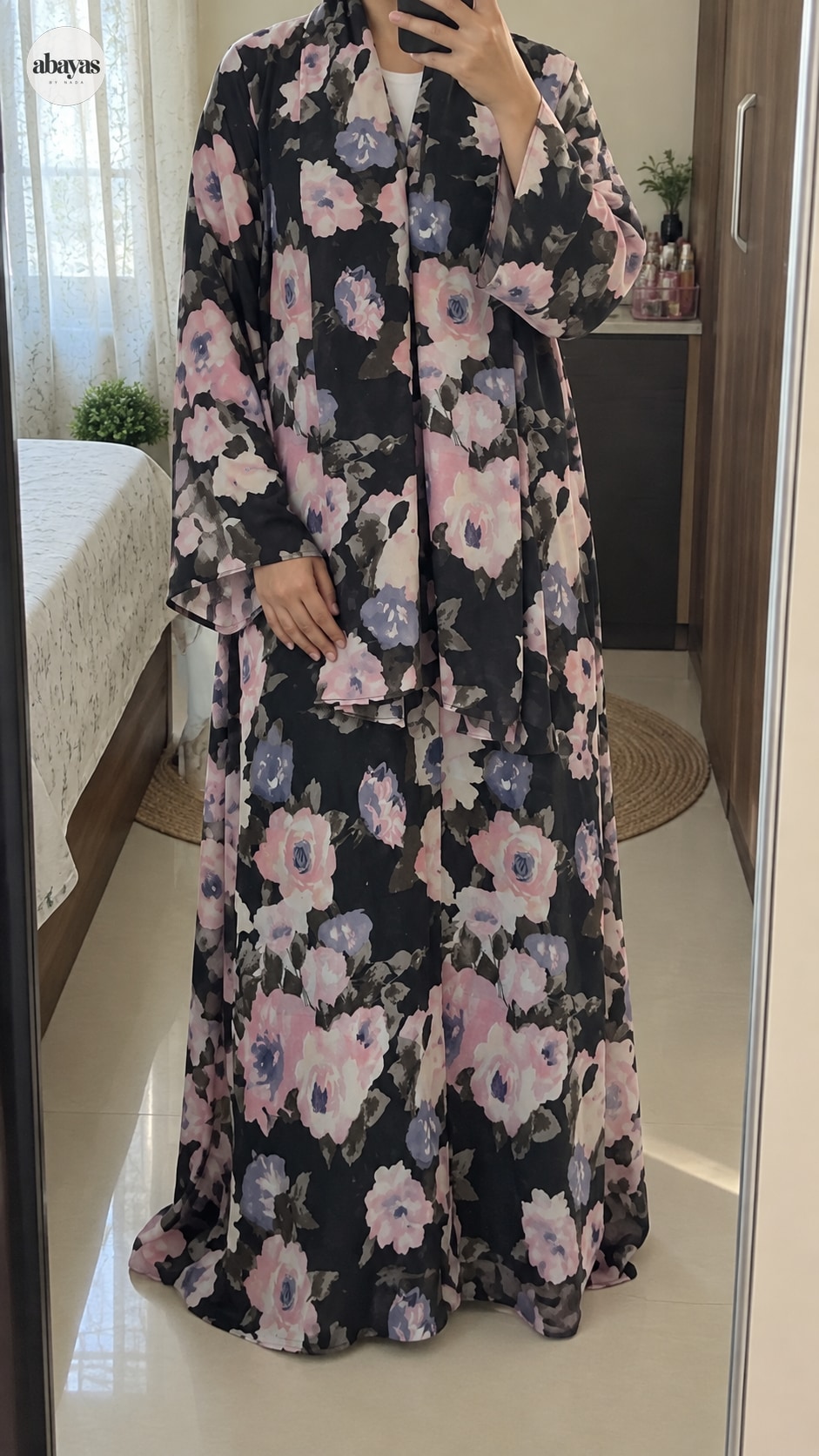 Night Bloom Floral Abaya in a mirror outfit photograph