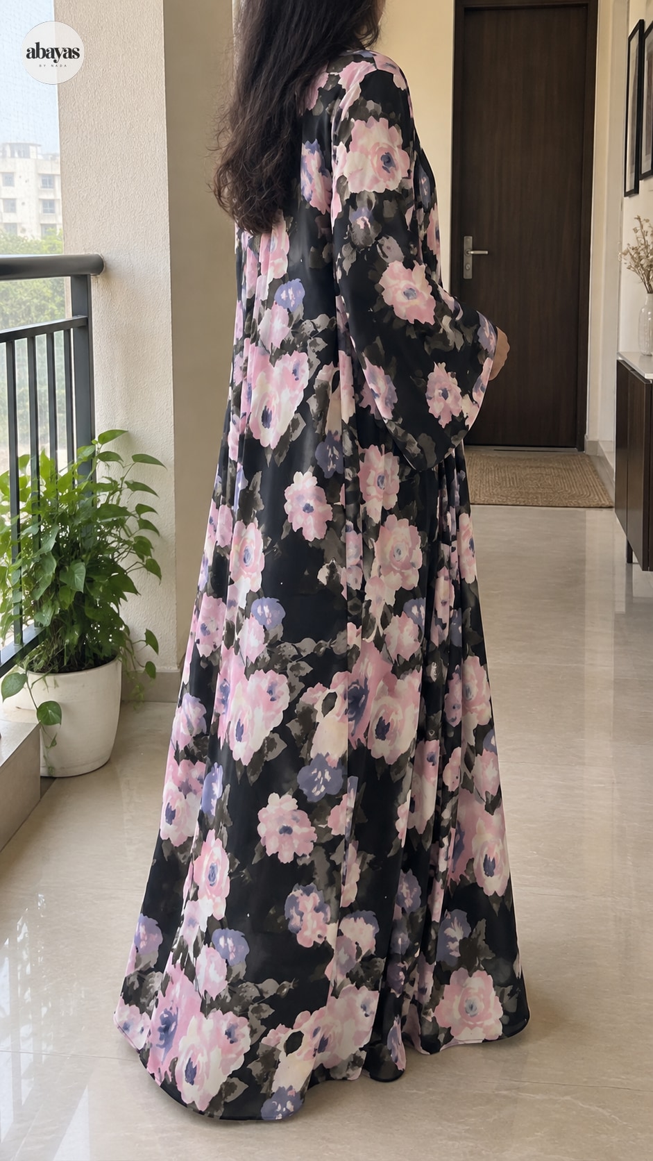 Night Bloom Floral Abaya side and back drape