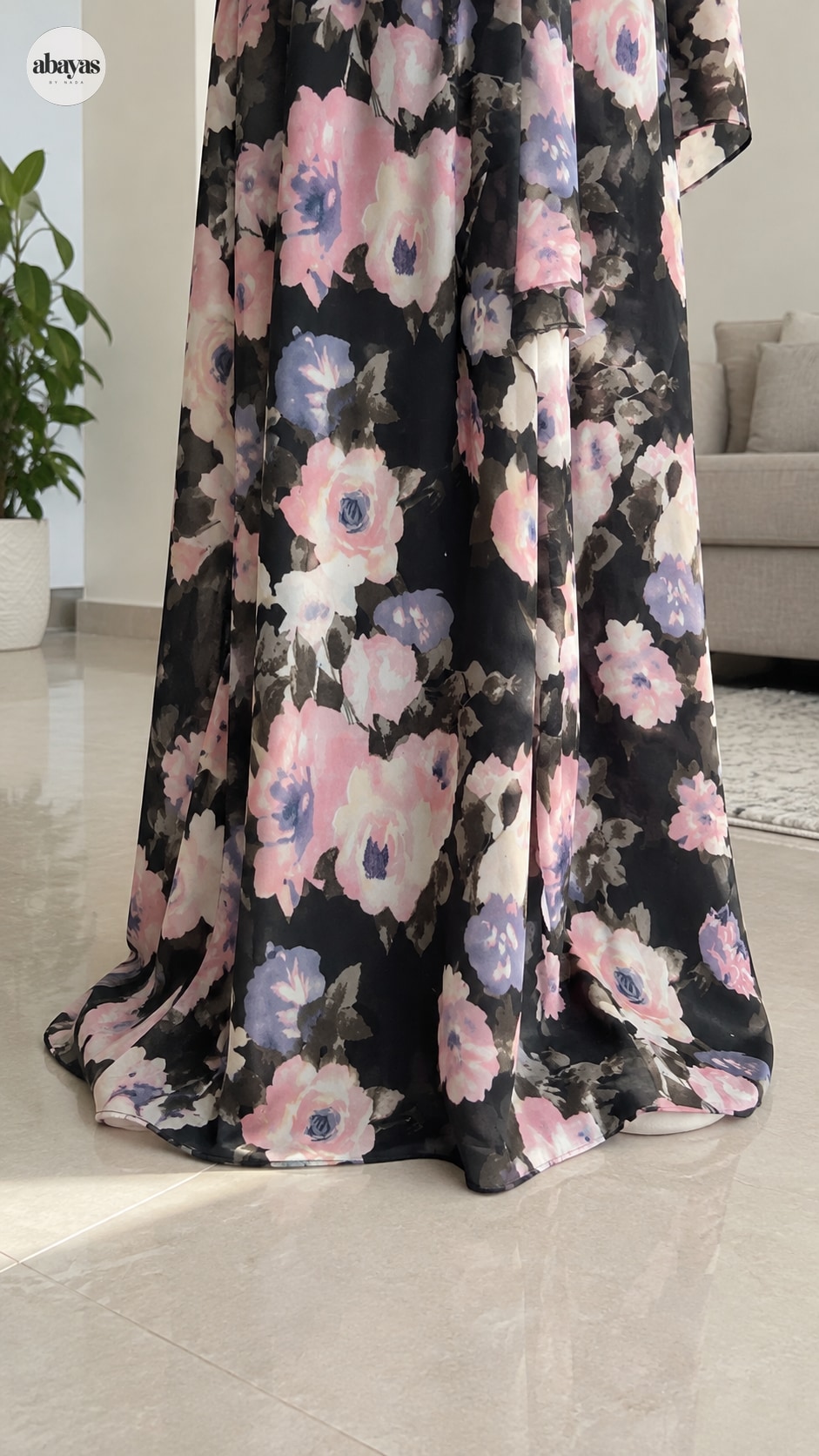 Night Bloom Floral Abaya hem and printed fabric detail