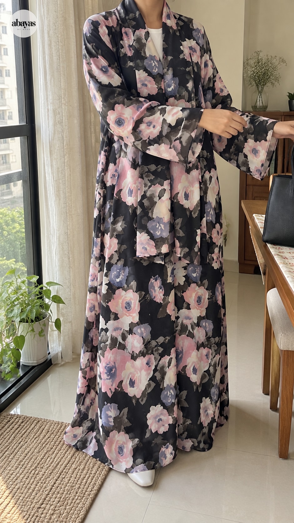 Night Bloom Floral Abaya in a candid apartment lifestyle photograph
