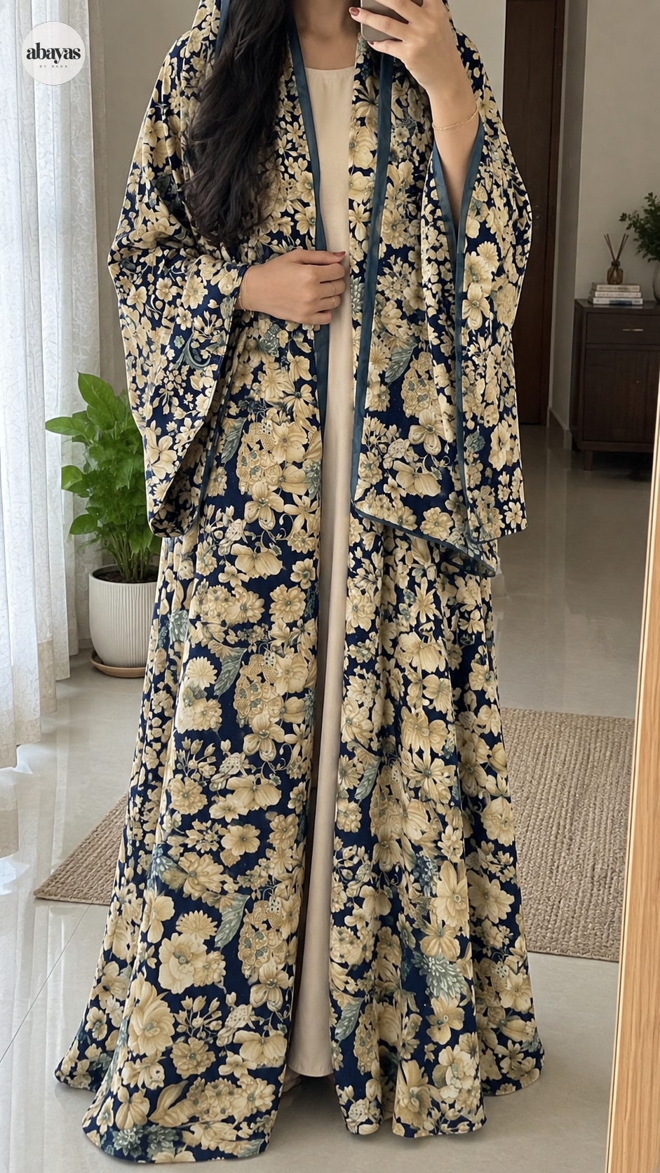 Midnight Botanical Abaya hero view in navy with cream and gold botanicals