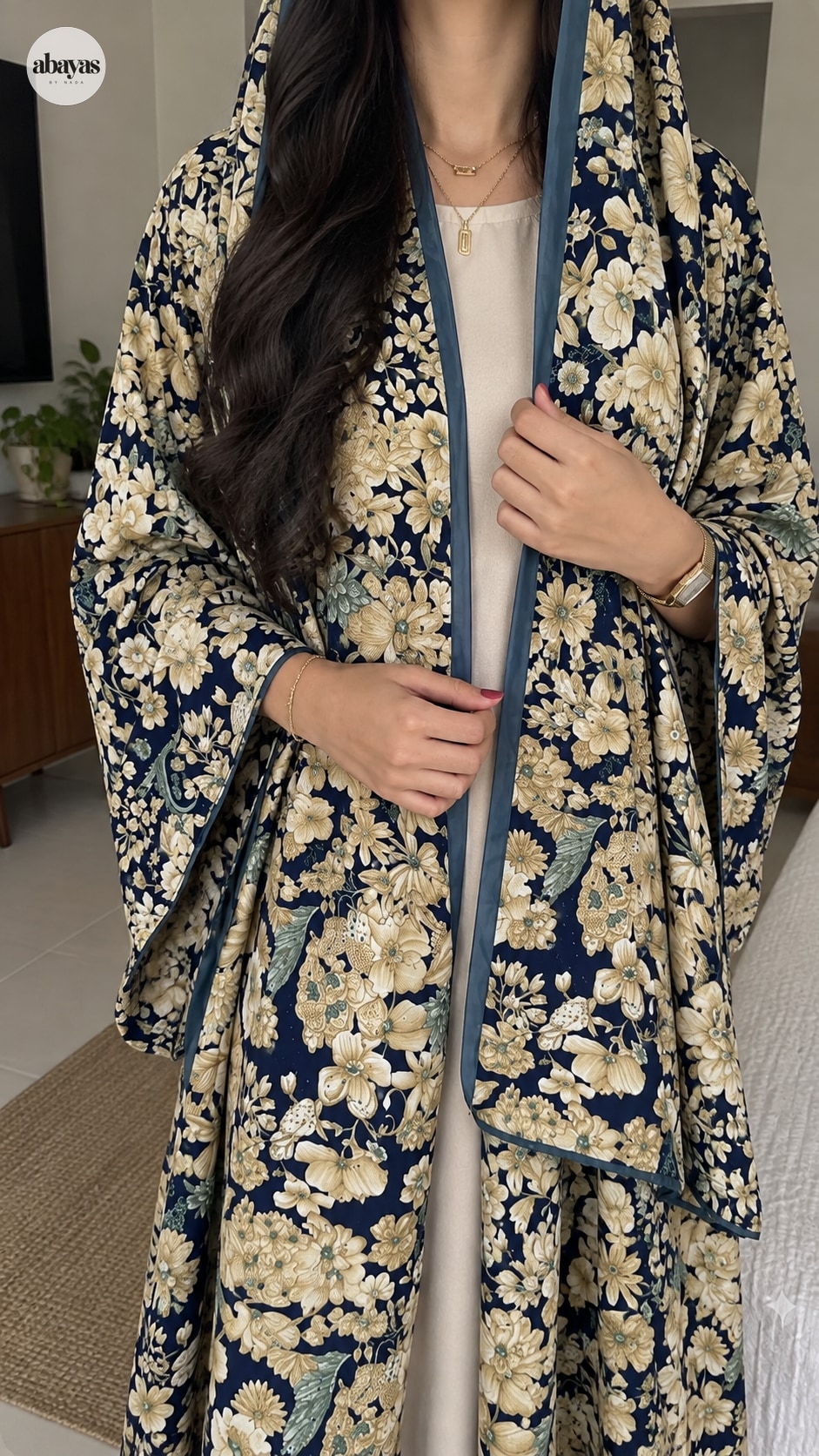 Midnight Botanical Abaya open front and blue binding detail