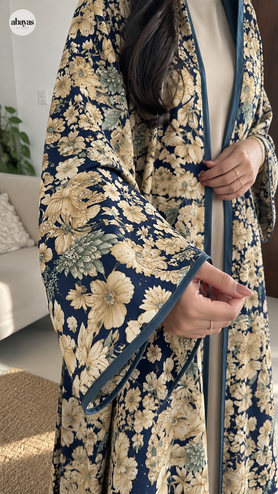 Midnight Botanical Abaya wide sleeve and printed fabric close-up