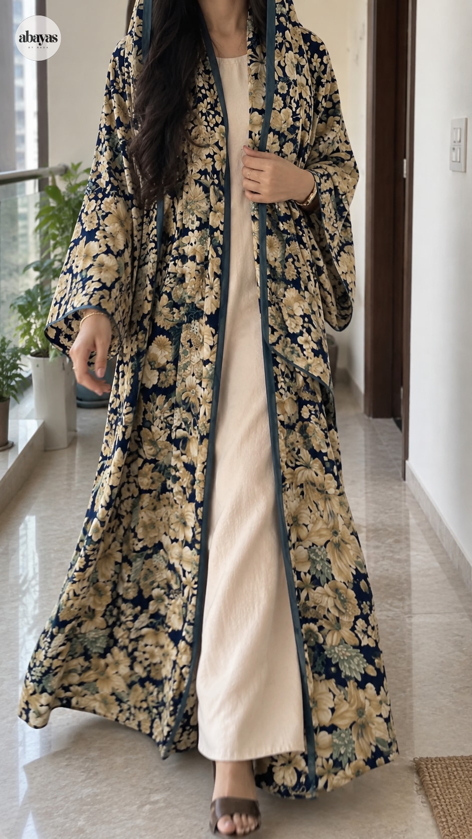 Midnight Botanical Abaya shown while walking