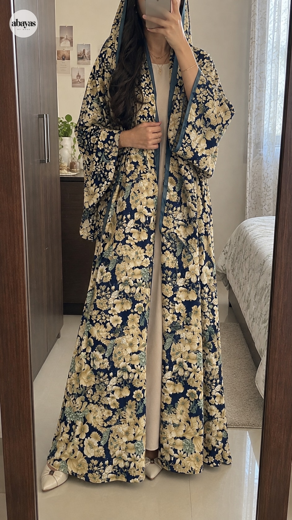 Midnight Botanical Abaya in a mirror outfit photograph