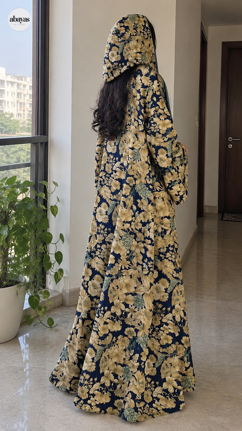 Midnight Botanical Abaya hood and back drape
