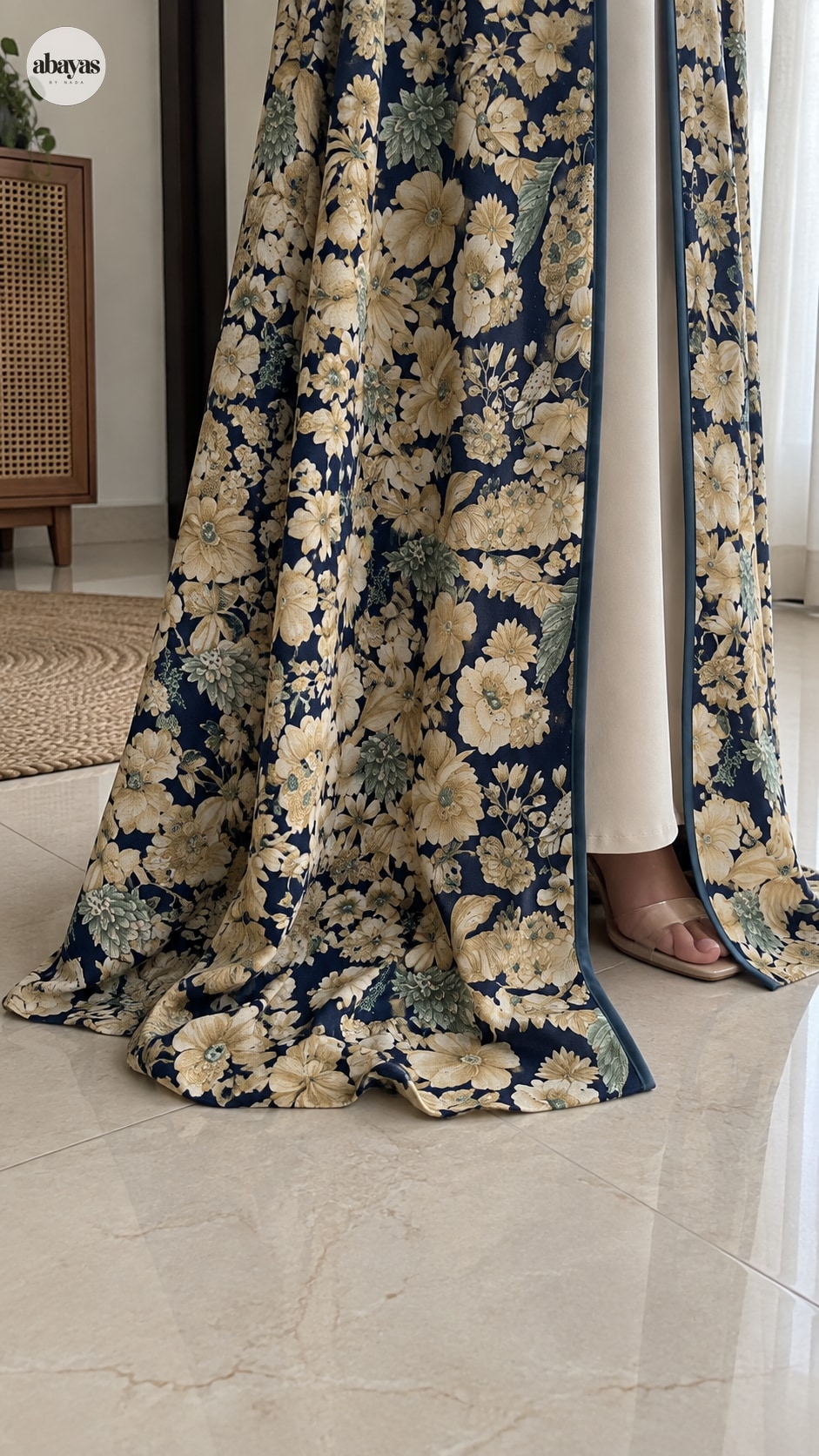 Midnight Botanical Abaya hem and blue-bound edge detail