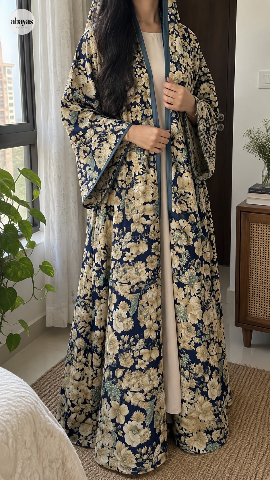 Midnight Botanical Abaya in a candid apartment lifestyle photograph