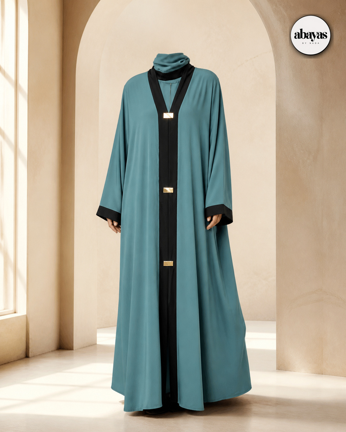 Tide Contrast Abaya in blue-green with a black front panel