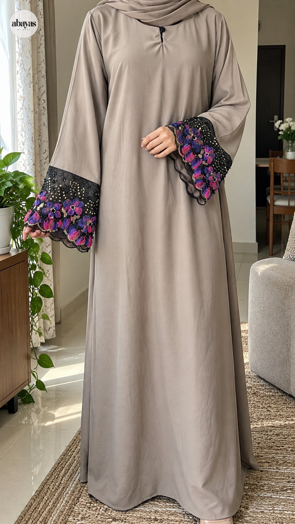 Garden Cuff Abaya hero view in taupe with vivid floral cuffs