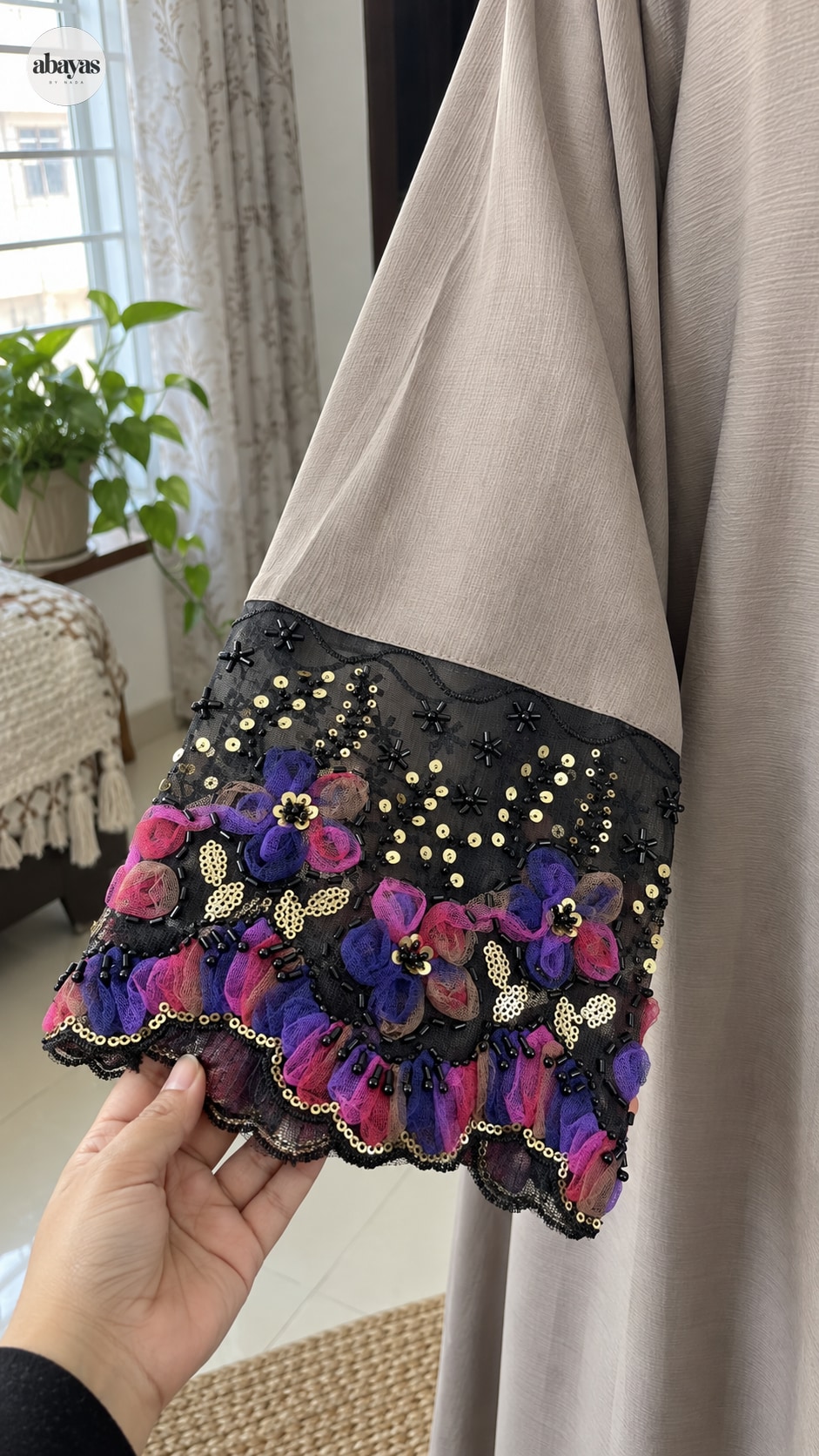 Garden Cuff Abaya black mesh cuff with flowers, beads, and sequins