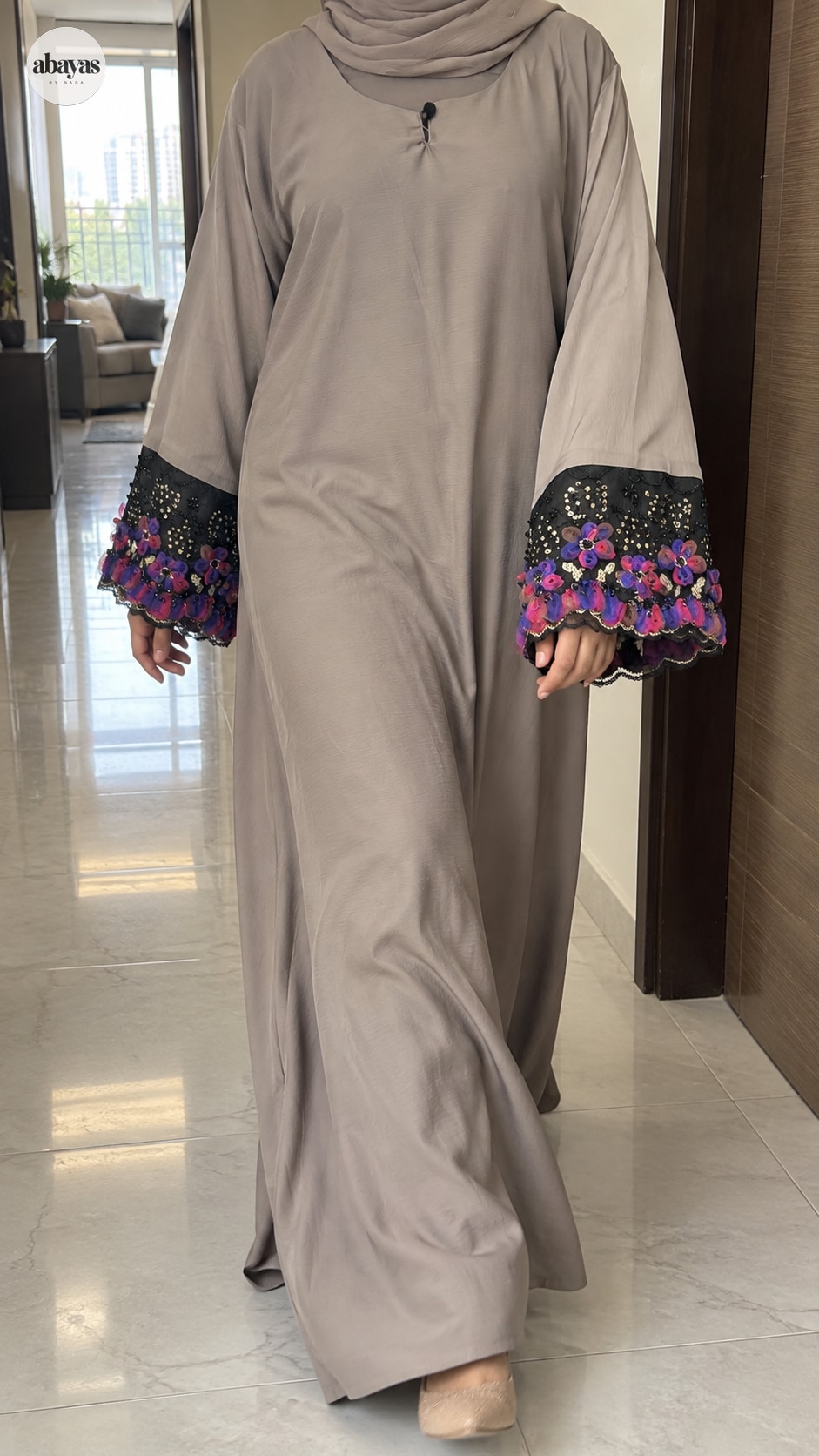 Garden Cuff Abaya shown while walking