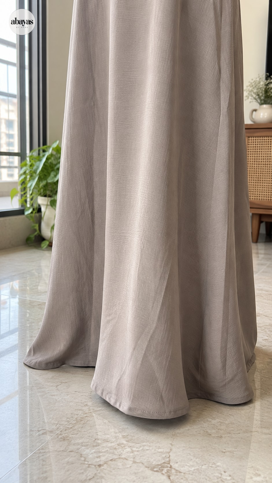 Garden Cuff Abaya lower hem and textured taupe fabric