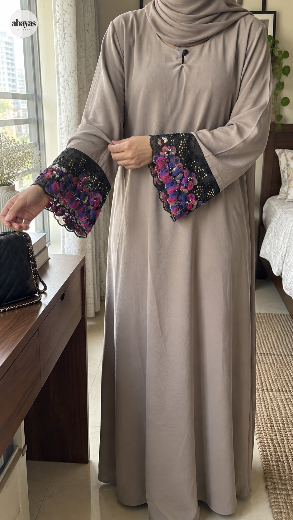 Garden Cuff Abaya in a candid lifestyle photograph