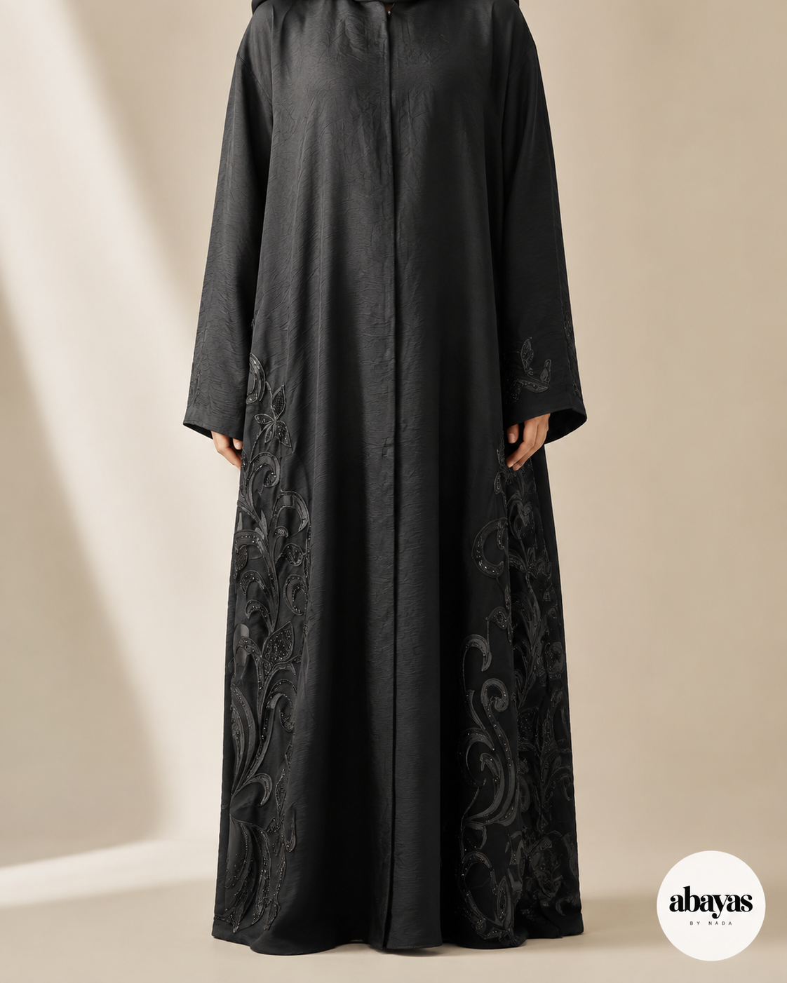 Ink Scroll Embroidered Abaya front view with tonal embroidery