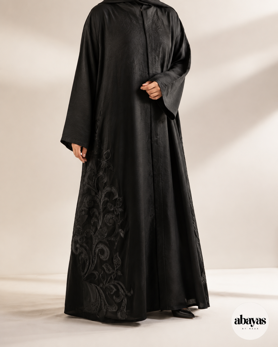 Ink Scroll Embroidered Abaya three-quarter view