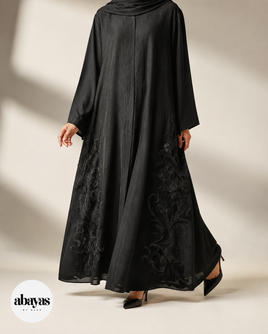 Ink Scroll Embroidered Abaya shown in movement