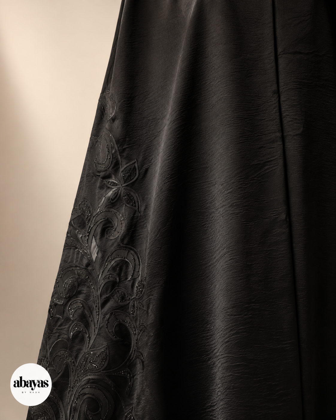Ink Scroll Embroidered Abaya fabric and tonal embroidery detail