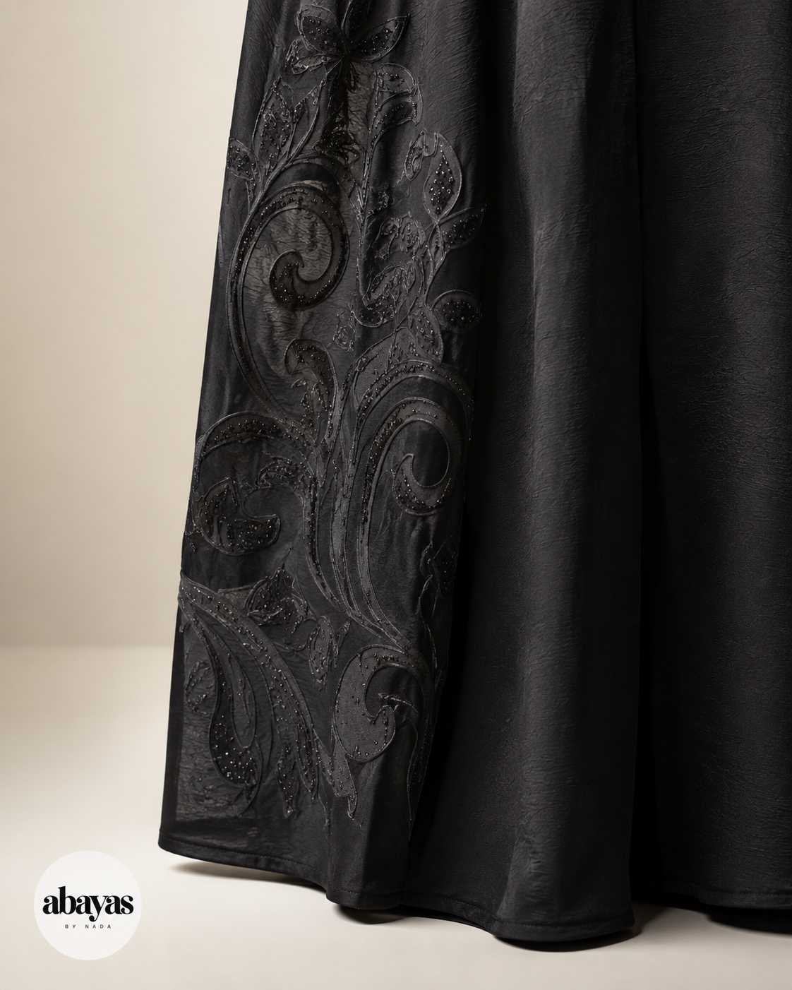 Ink Scroll Embroidered Abaya hem and scrollwork detail
