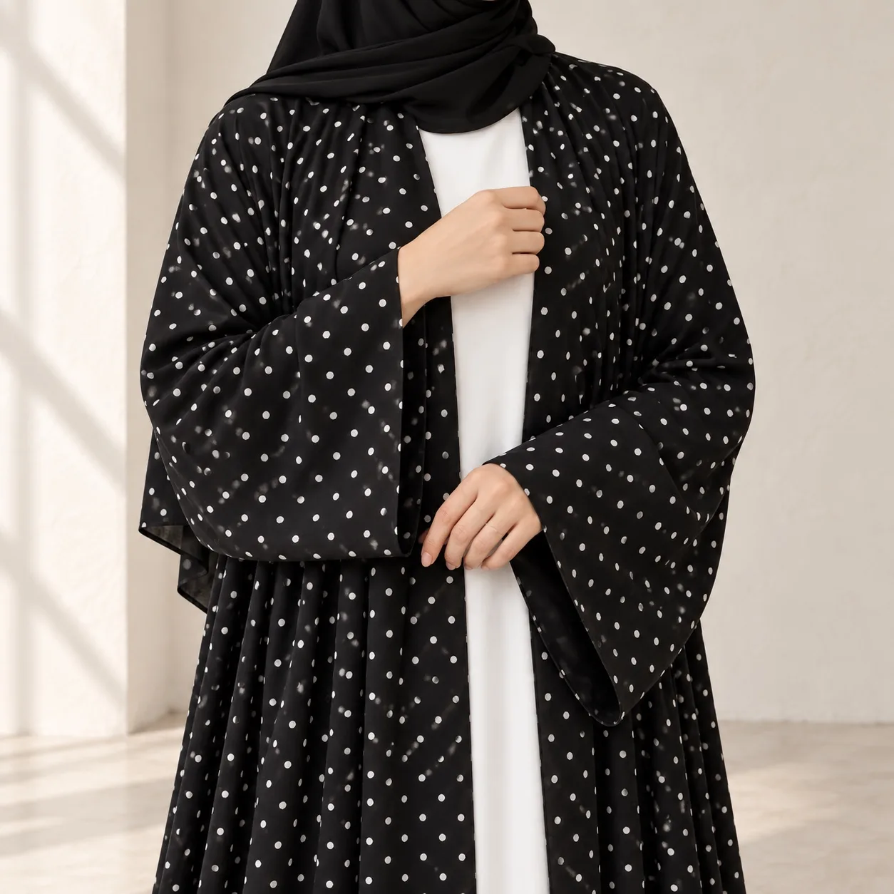 Black Dot Abaya neckline and front opening detail
