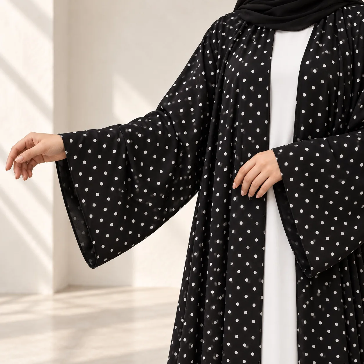 Black Dot Abaya wide sleeve detail
